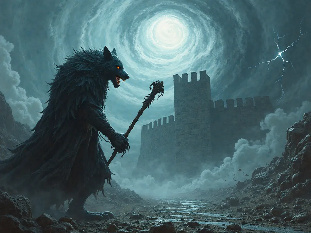 Wrinkled werewolf with a black cloak holding a magic staff destroying a stone fortress with a huge tornado