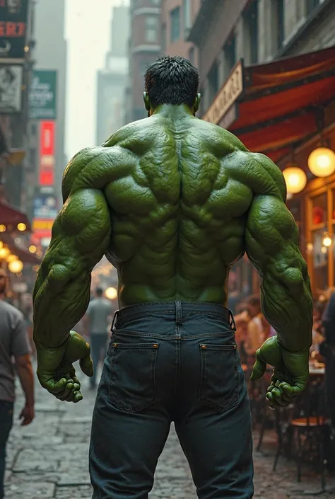 Hulk is standing in front of a restaurant and is facing the restaurant with his back to the street