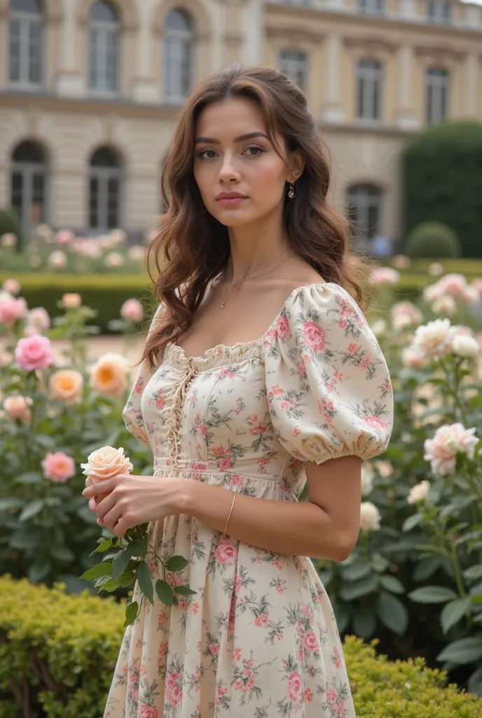  The background looks like an elegant garden ,  with well-groomed bushes ,  flores  (especially roses )  in large numbers , and in the background,  there is a building with classic and majestic architecture .  The woman poses naturally and gracefully .   H...