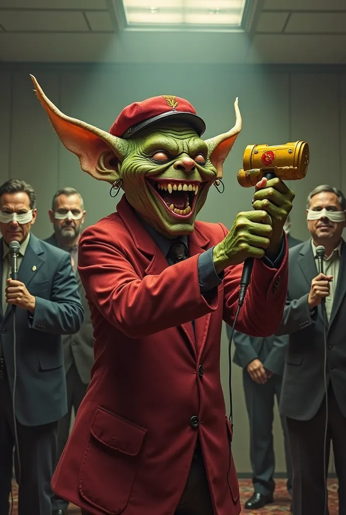 An evil goblin dressed in red with a red cap, hammer and sickle in yellow laughs out loud and behind men in suits and ties with their eyes and mouths bandaged and microphone in their hands in a dark room. 