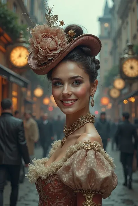 Fantasy, steampunk, super moody cinematic, an extremely beautiful woman in her 20s, slim build, make-up artist-style make-up, looking into the camera with a broad smile with her perfect teeth on show, bright blue eyes, plump full lips, cute button nose, ve...