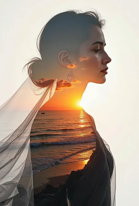 high quality photo,  8K Ultra HD, Прекрасная double exposure, exhibition that combines the silhouette of a goddess and a sunset on the coast, the sunset coast should serve as a backdrop, with its details,  incorporated into the silhouette of the goddess, c...