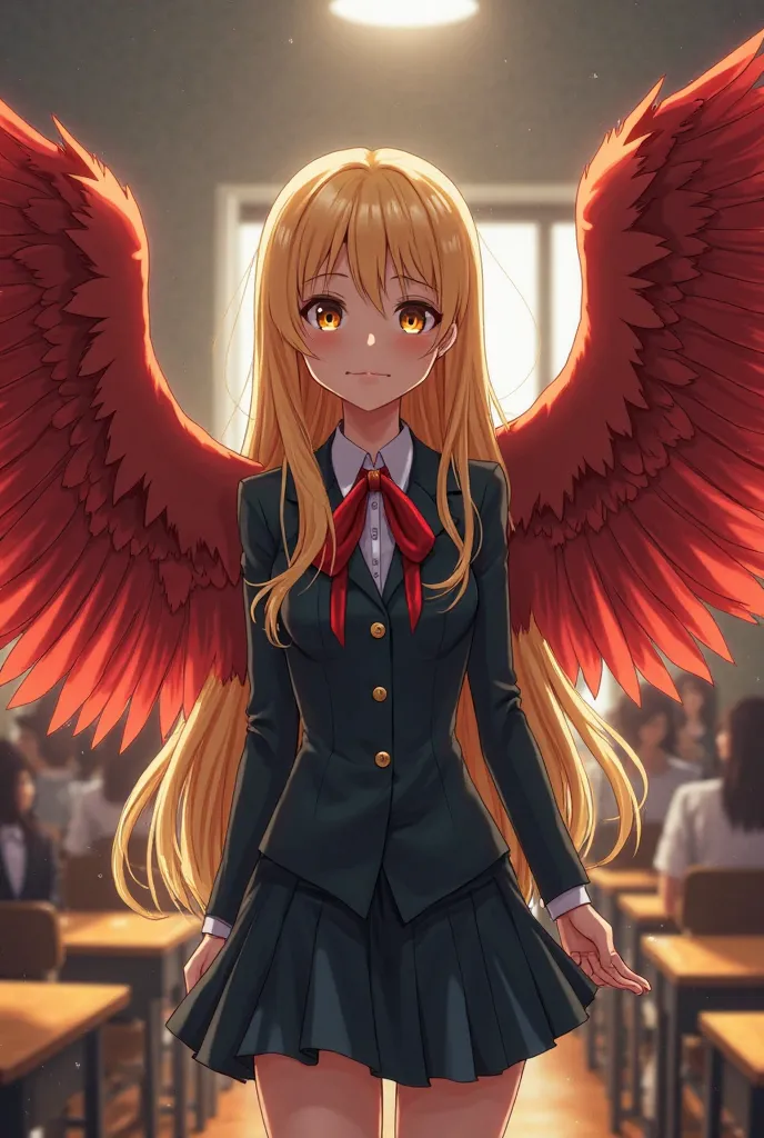 Screenshot of my hero Academia,make a 17-year-old girl,long hair,blonde hair,Dim medium, slanted eyes, COLOR YELLOW,She has a uniform,she has Alcon wings,red, She is in a classroom ,she is surprised  