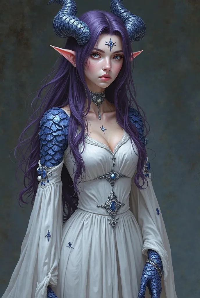 Daughter of a Draconate and an Elf,  dark purple hair, few blue scales on the body and blue scales on the face, long white medieval dress,  Dragon Horns,  gray eyes, adult, Claws with three fingers, pointy ears, no jewelry