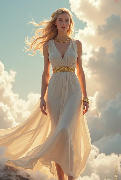 Goddess Athena wearing thin fabric midi dress marking the curves of her body using a gold necklace