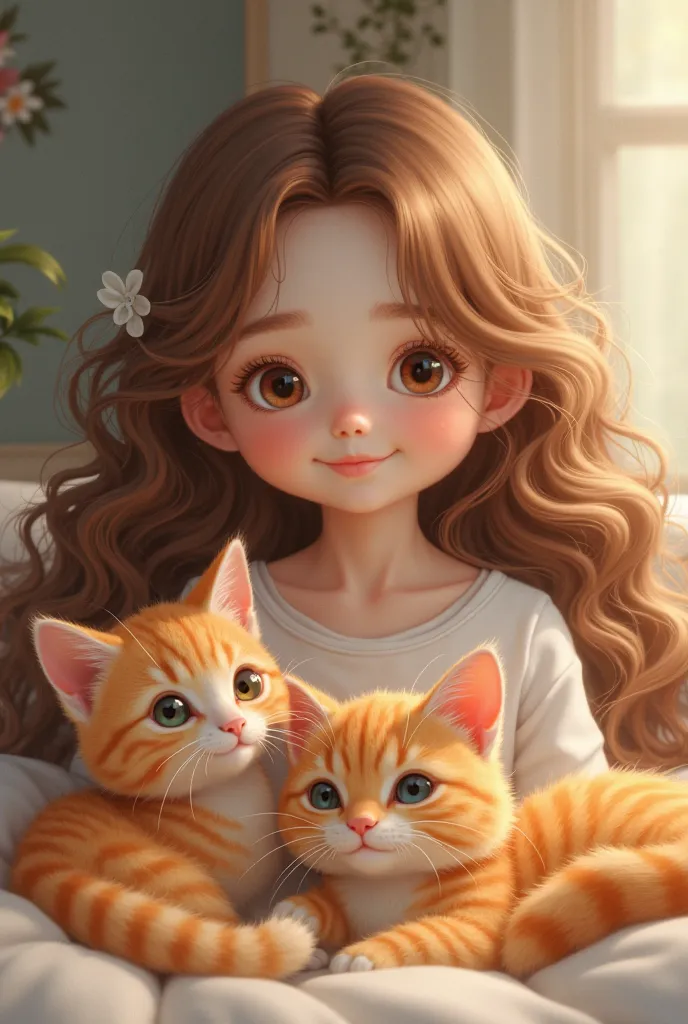 Create an image of a girl with long brown hair, honey eyes, white skin, with a pretty t-shirt and 2 cute orange cats