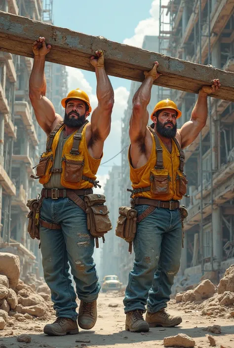 two construction workers carrying a ladder over their heads, side view 