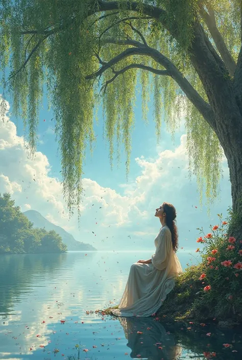  magical place, weeping willow tree on the edge of a beautiful lake, with a woman sitting looking up at the sky 