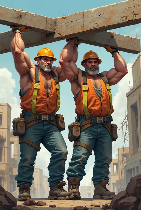 two construction workers carrying a ladder over their heads, side view 