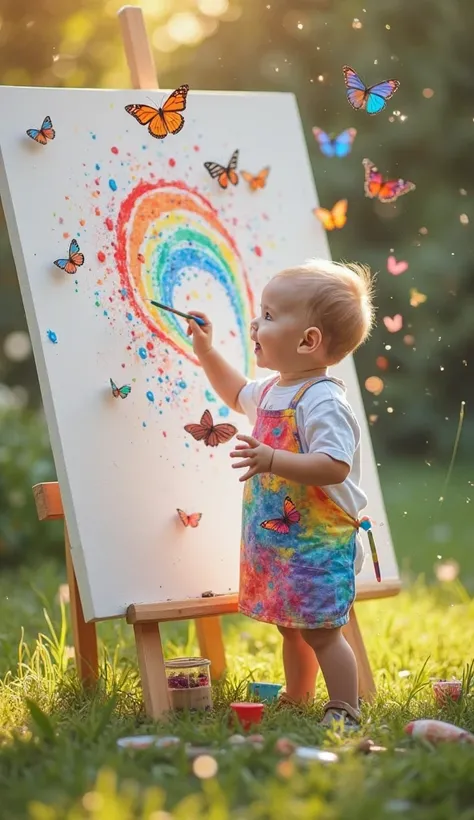 An adorable baby, wearing a colorful apron covered in paint splatters, stands in front of a huge white canvas in a sunny garden. Using a paintbrush too big for his little hands, he paints a vibrant rainbow that begins to magically come to life—the colors t...