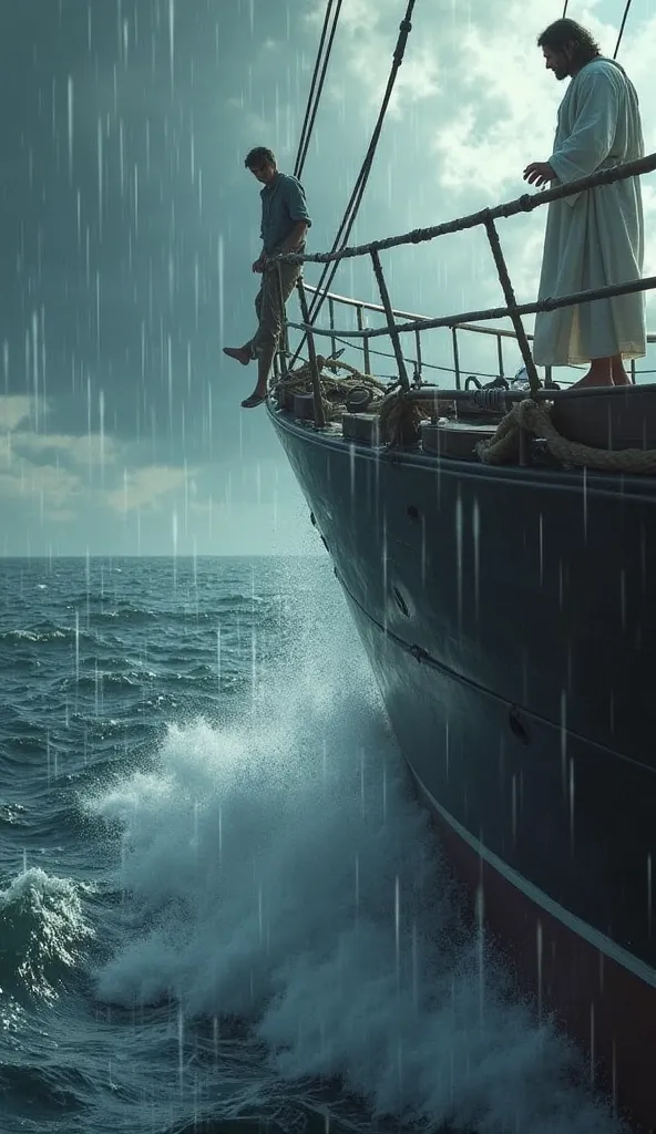 First Person View: My legs dangle over the edge of a stormy ship, my fingers slipping from the railing as the sea rages below. Rain lashes against me. A figure moves closer—Jesus, standing firm on the deck, his hand reaching for mine before I fall.