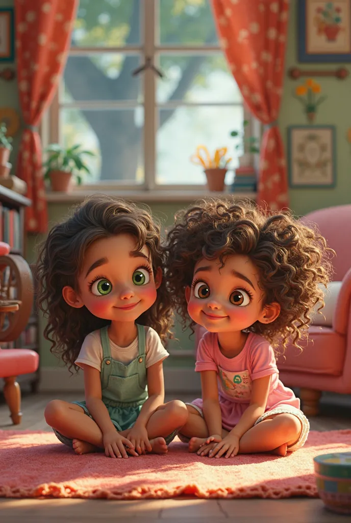 Pixar-style poster of a girl with green and brown eyes and frizzy brown hair at home with a girl with honey-colored eyes 
