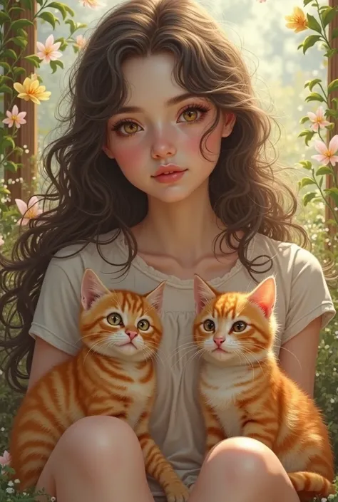 Create an image of a girl with long and wavy dark brown hair, honey eyes, white skin, with a pretty t-shirt and 2 cute orange cats