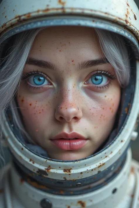 Close-up of an improved masterpiece:1.5)0.9], ( Space and Astronauts:1.2) ( Untidy silver hair:1.1) ( heterochromia:  xanthochromia and blue eyes:1.2) (Space helmet:1.0) (Colored stars in the eyes:1.0) (A radiant shine:1.1) (Thick lips:0.9)