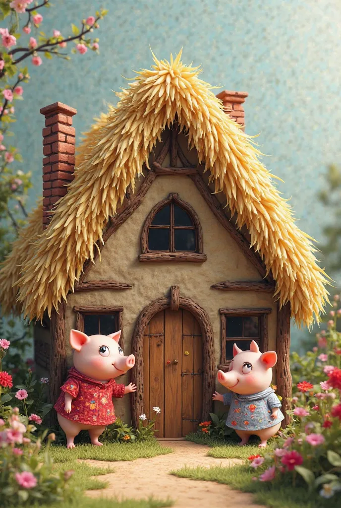 Create three houses : straw ,made of branches and bricks. Each house has a garden near the house ,but they're all different. Each house has a little pig dressed in clothes ,but they're all different too