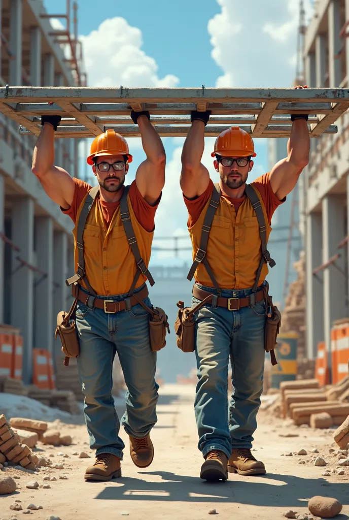 two construction workers carrying a laddter over their heads. One worker on each end if the ladder, side view