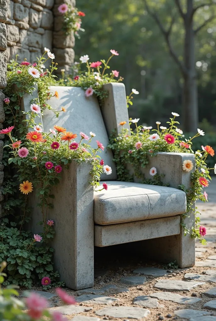 concrete armchair with flowers that come out from the sides 