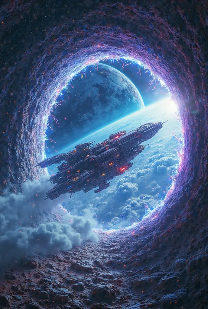 A cinematic 4K ultra-realistic scene, in the style of *Star Wars*, showing a futuristic and highly detailed alien spacecraft emerging from a bright, energized three-dimensional portal. The portal has a spatial distortion effect, with swirling rings of blue...