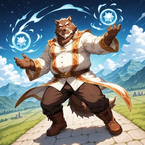 character focus, full body, looking away, dynamic angle, fantasy, wizard, a musclegut middle-aged wolf man, heroic wizard costume clothes, robe, shirt, pants, boots, casting ice magic, dynamic pose, BREAK full body in Michelangelo Buonarroti style, pastel-...