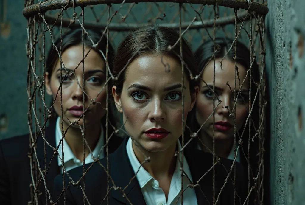 three smart sexy sassy office woman in their thirties inside the cylindrical round cross-latticed man-high steal cage, smartly dressed with makeup, look through the bars of their cage in the cellar, with terrorized begging smile and look at you, POV 