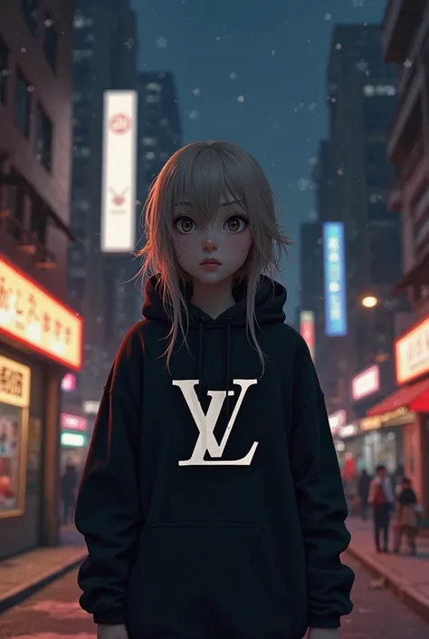 Greige colored long hair
Black hoodie setup with Louis Vuitton logo
 City at night
Illuminated by street lights
AI Pixar/ cartoon 