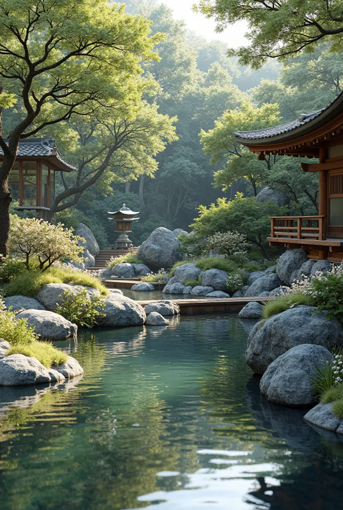 Environment designed by a renowned architect. a Japanese garden or ornamental pond with natural elements