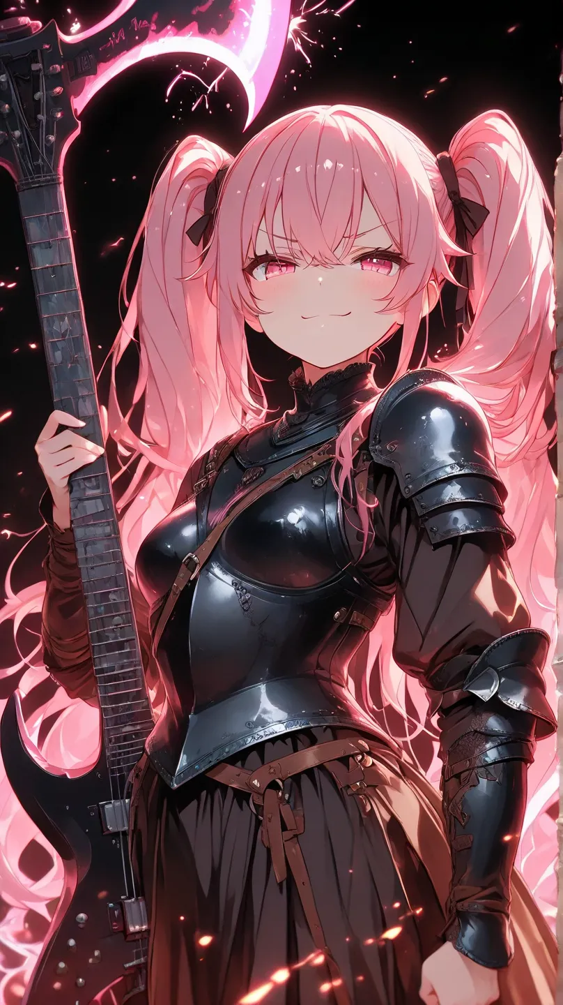 HD anime scene of a small 20 year old girl with pink twintail hair wearing a brown medieval leather armor while resting on her shoulder a large axe shaped black metal guitar with  pink energy sparks with a smug expression, black background,  high detail, h...