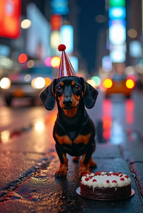 A small dachshund stands on a slippery, wet road at night. The dog has a shiny black and brown coat, a birthday hat on his head, and a curious expression. The background is filled with colorful, blurred city lights and the movement of vehicles towards him,...