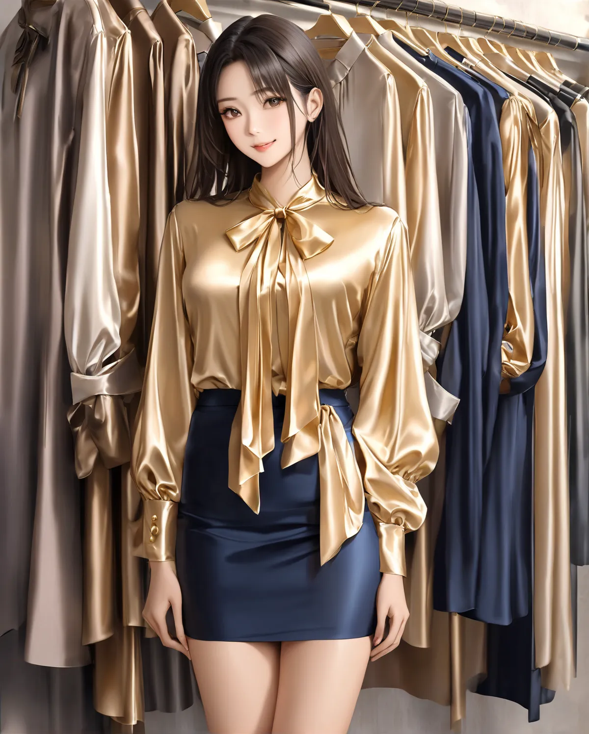 bow blouse, A photorealistic full-body shot of a stunning 26-year-old Japanese woman with semi-long hair and perfect, realistic proportions, standing in front of a display of golden silk satin bow tie blouses. She has a gentle smile on her face. She is wea...