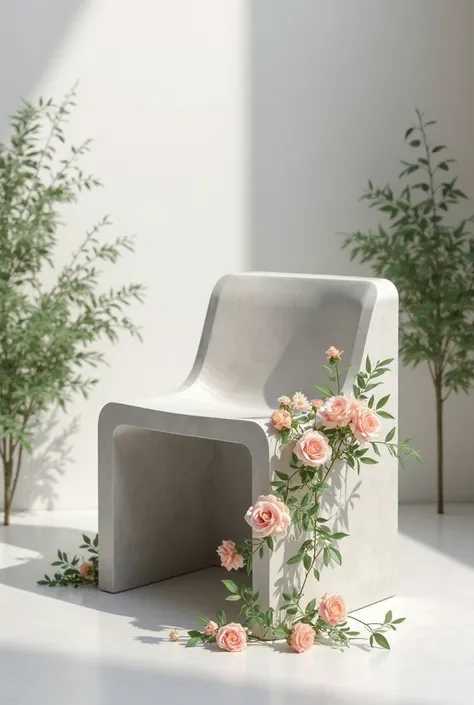 a backless concrete chair with flowers on the sides