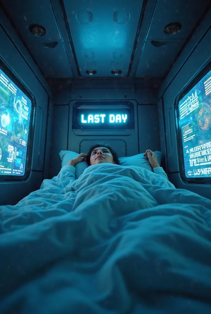 Point of view (POV) image of someone waking up in a futuristic room. The character's hands can be seen when pulling the covers. The bluish lighting reflects on the metal walls. Holographic panels glow softly in the air, and a digital alarm clock displays t...