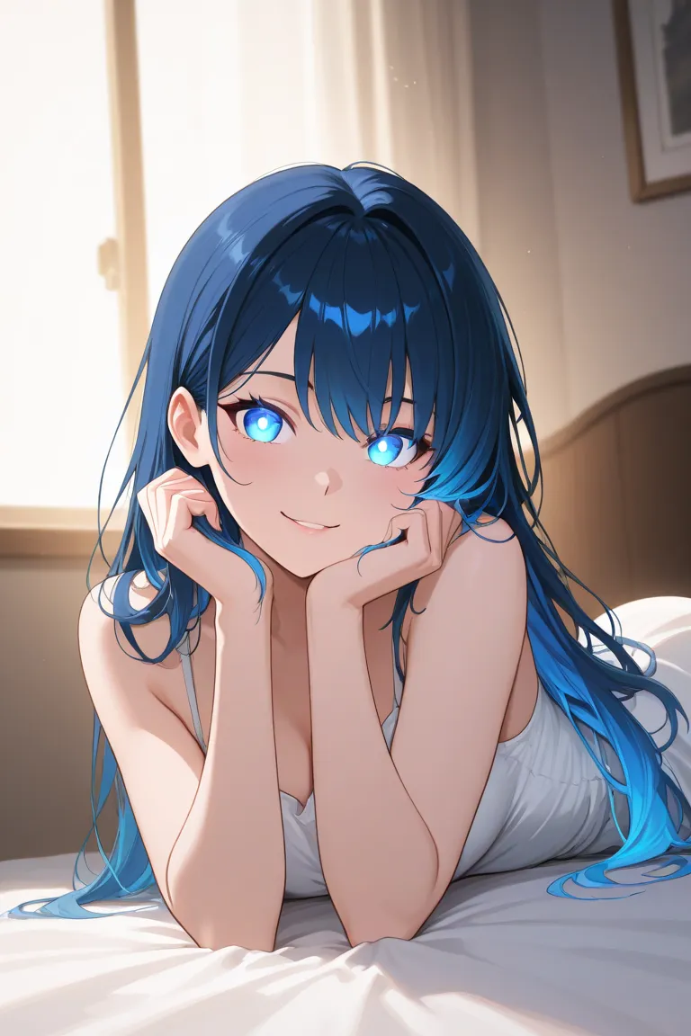 A stunning anime-style female character with long, flowing deep blue hair and glowing violet eyes. She has a confident and mysterious expression, with slightly flushed cheeks. In a bed room