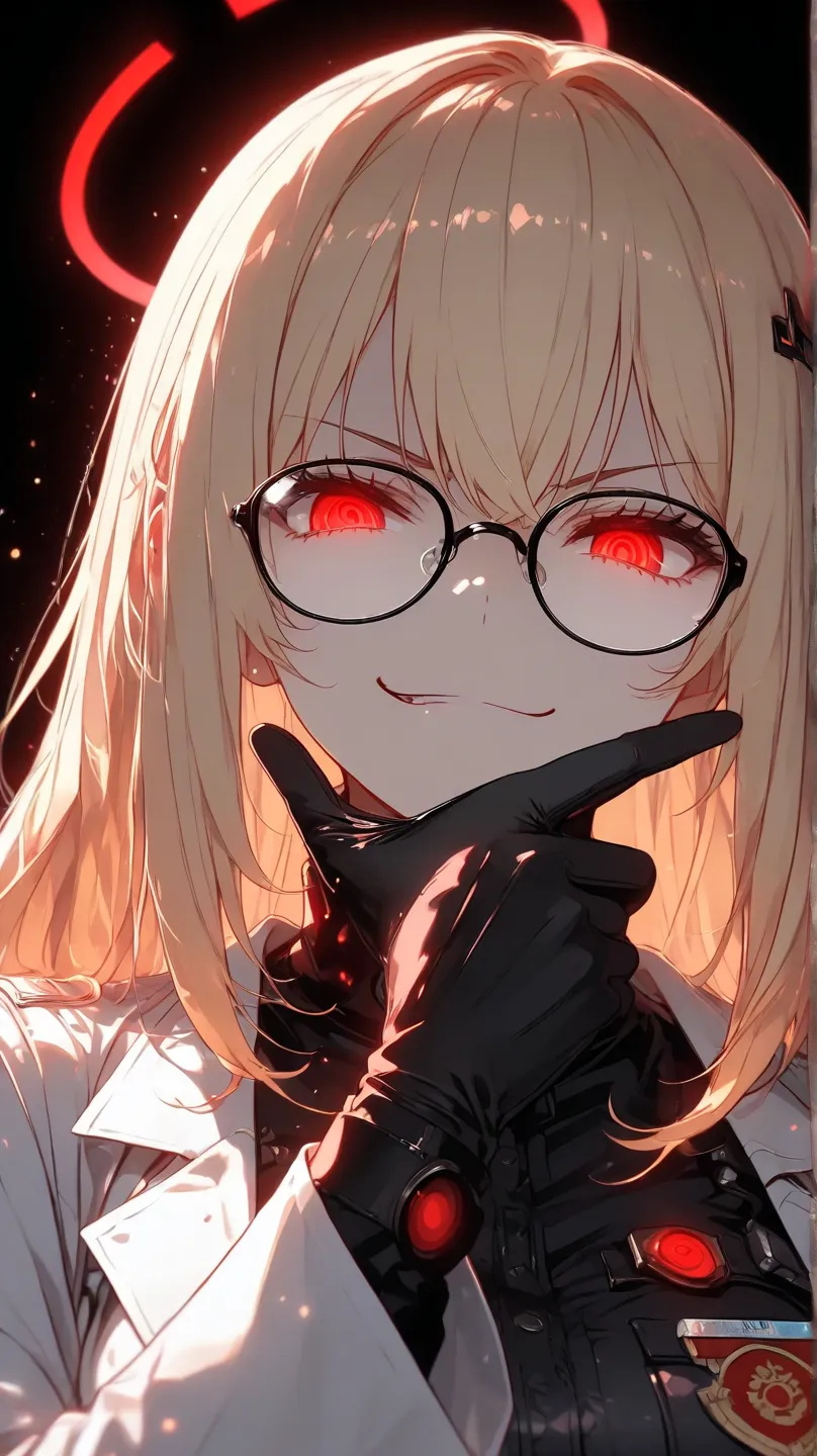 an evil female scientist with glasses and long blond hair wearing a white lab coat over a black and red military uniform with a evil smirk expression, black background, high detail, high quality, best quality, masterpiece, 8k