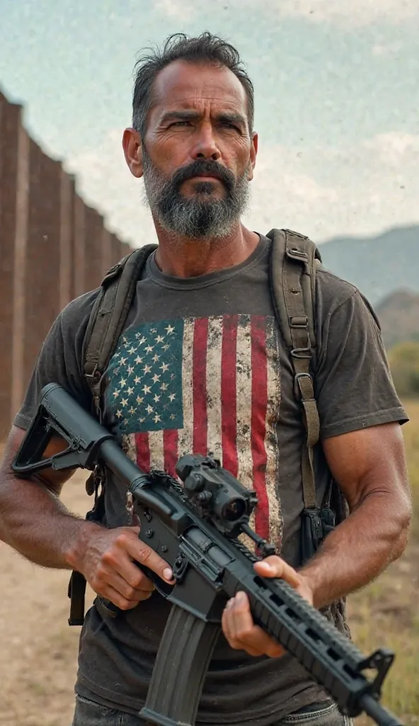 42 year old American man, thin, rubio, Beard and mustache, wears a t-shirt with the United States flag printed,  carries a rifle aka 47 , behind him there are a lot of weapons caliber 50 Barrett, is on the border wall of Tijuana