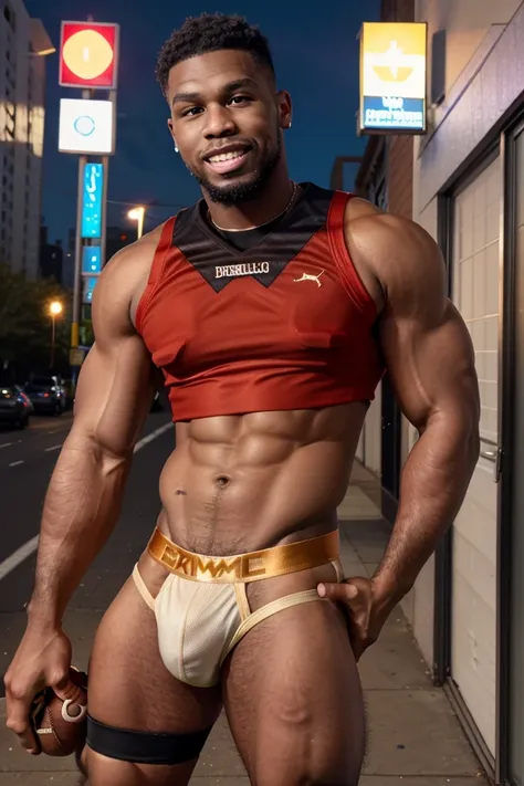 Carmello Terrell Dickey. Carmello looks like 50 Cent. Carmello is a football player. Carmello has cute Smile. Afro. He is 18 years old. Carmello is wearing sexy jockstrap thong. Football crop top. No beard. Looks very young. Outside at night in the city.