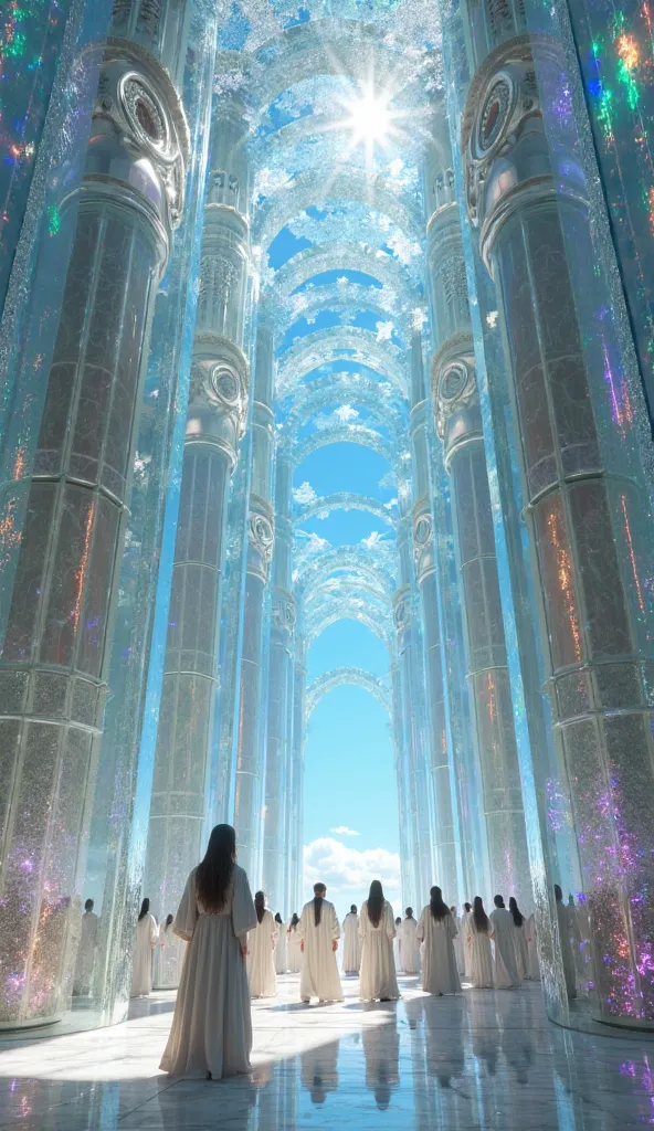 A **majestic crystalline cathedral**, adorned with **iridescent, glittering surfaces**, stands radiant under the **intense midday sun**. The **colossal transparent pillars and intricately engraved glass arches** reflect the **deep ocean-blue sky**, creatin...