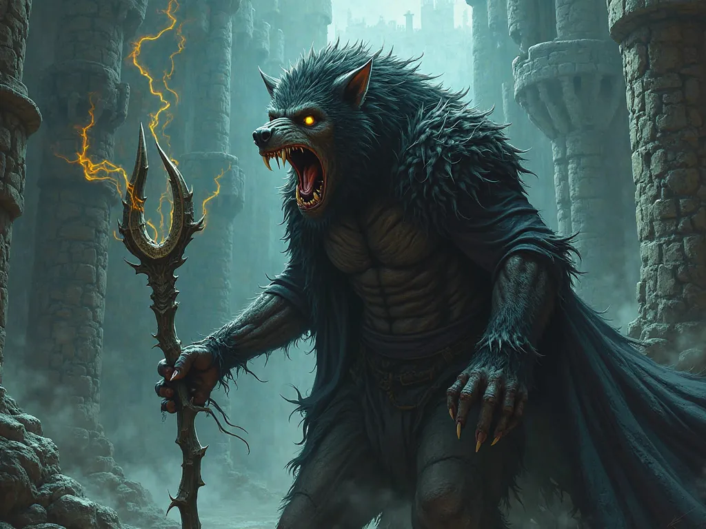 A growling werewolf wearing a black cloak holding a wizard's staff in front of a stronghold of magic runes