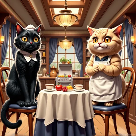 noon, 1 fluffy black cat , black cats walk on two legs ,Black cats are cute ,black cats wear cook hats, The background is the kitchen ,realistic, black cats are plump ,The black cat is wearing an apron,Eyes are ochre ,The black cat smiles