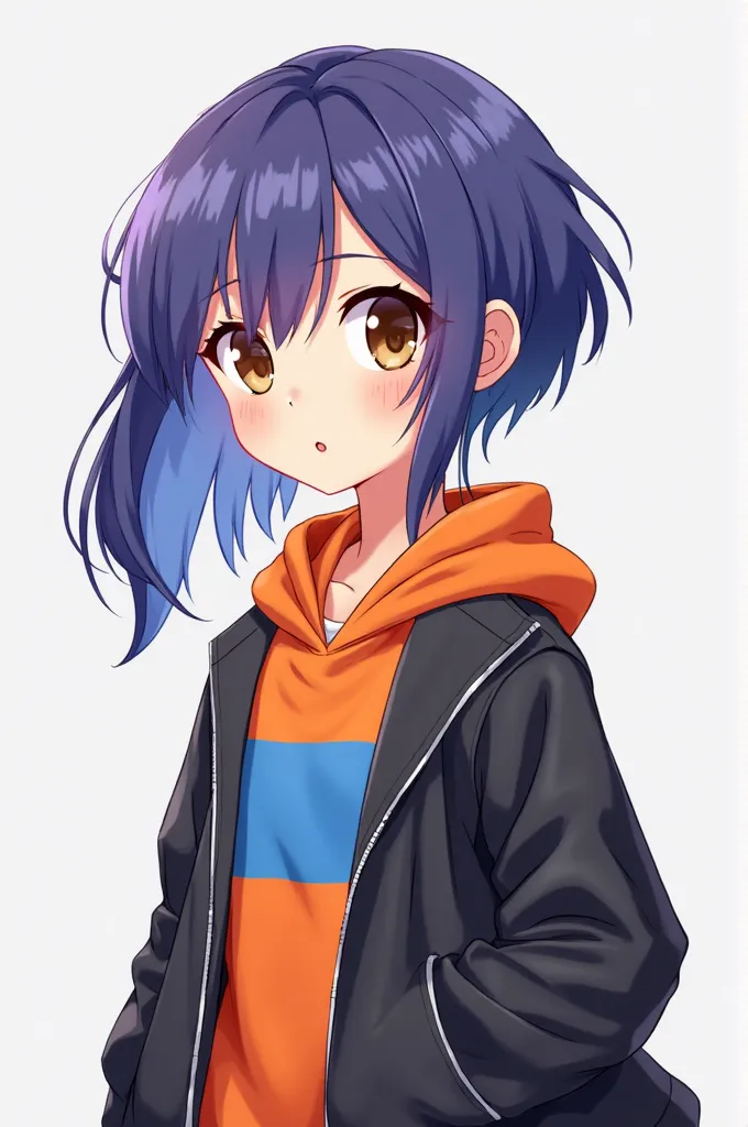 Une image de dessin animé d'une fille au cheveux d'un côté très court et de l'autre court, blue with purple locks, with brown eyes, with an orange and blue sweatshirt and a black jacket