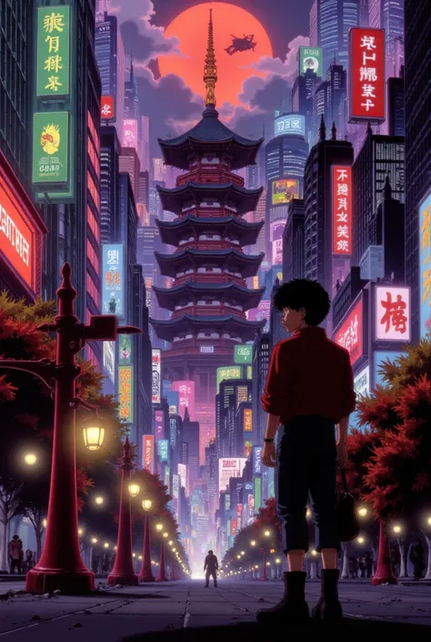 inspired by Andrew Warhola//Silkscreen Art //1980s movie poster/AKIRA//Kyoto in the near future/A five-story pagoda towering over a neon-lit cityscape//The story of a boy who challenges an alien invasion//