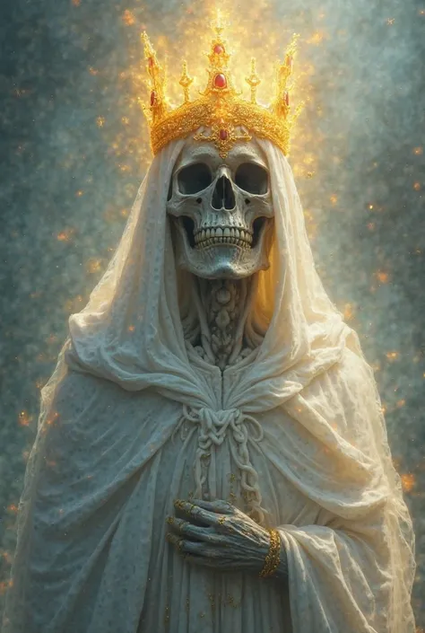 Skull with white tunic and hood. The skull has a yellow crown with red gemstones The scene is illuminated by a soft and heavenly light, creating a dramatic and spiritual effect. The background can be abstract, with soft shades of blue and gold, transmittin...