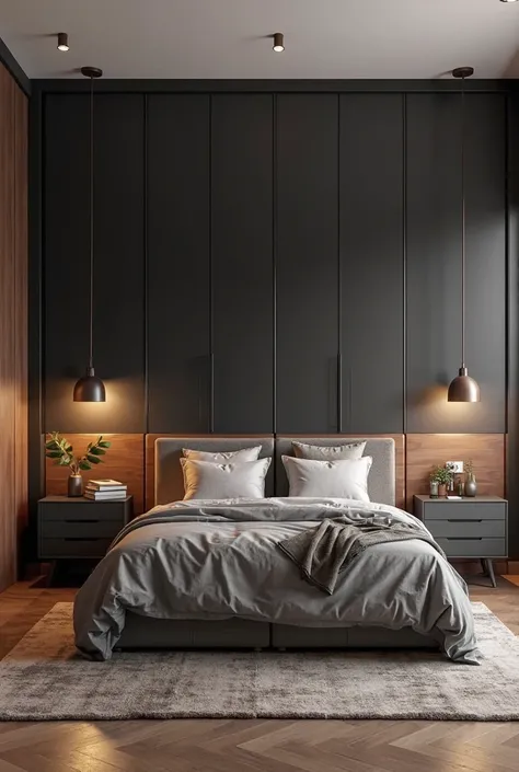 Create an image of a modern and sophisticated bedroom with a five-door wardrobe in a combination of matte black and wood. The bedroom must include a centralized bed, with upholstered or wooden headboard, and two matching nightstands next to the bed. Lighti...