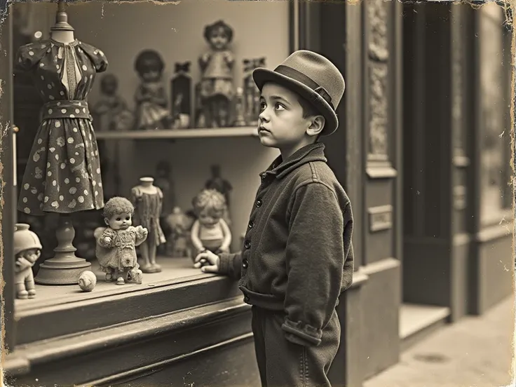 Vieille photo des années 1930 avec un Zeiss Ikon Ikonta 520./2 caméras,  publié par le Musée de la photographie historique en 1930 ., (garçon en vêtements déchirés de mendiant) regarder (Vitrine d&#39;un magasin de jouets), vitrine avec des jouets dans un ...