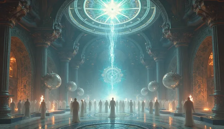 a detailed mystical illustration with astrological and alchemical symbols depicting:)a great hall of light where souls wait to choose their new lives.