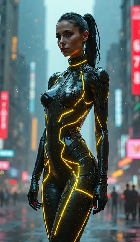 Now make the dress cyberpunk with some neons yellow lights.