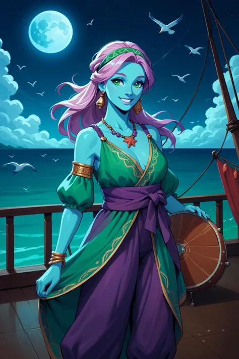 triton, solo, female, blue skin, lavender colored hair, green eyes, green eyes, red gypsy headband, (cream colored 18th century dress, gypsy style), beautiful body, starfish necklace, dazzling, graceful, smiling, holding a small tribal drum her right hand,...