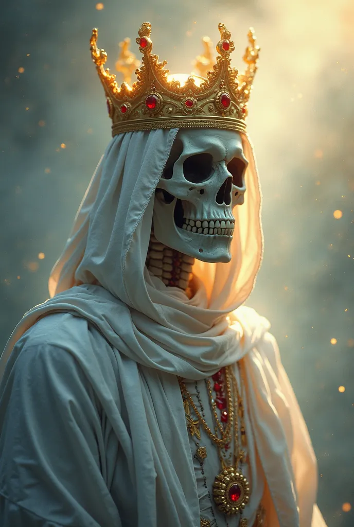 Skull with white tunic and hood. The skull has a yellow crown with red gemstones The scene is illuminated by a soft and heavenly light, creating a dramatic and spiritual effect. The background can be abstract, with soft shades of blue and gold, transmittin...