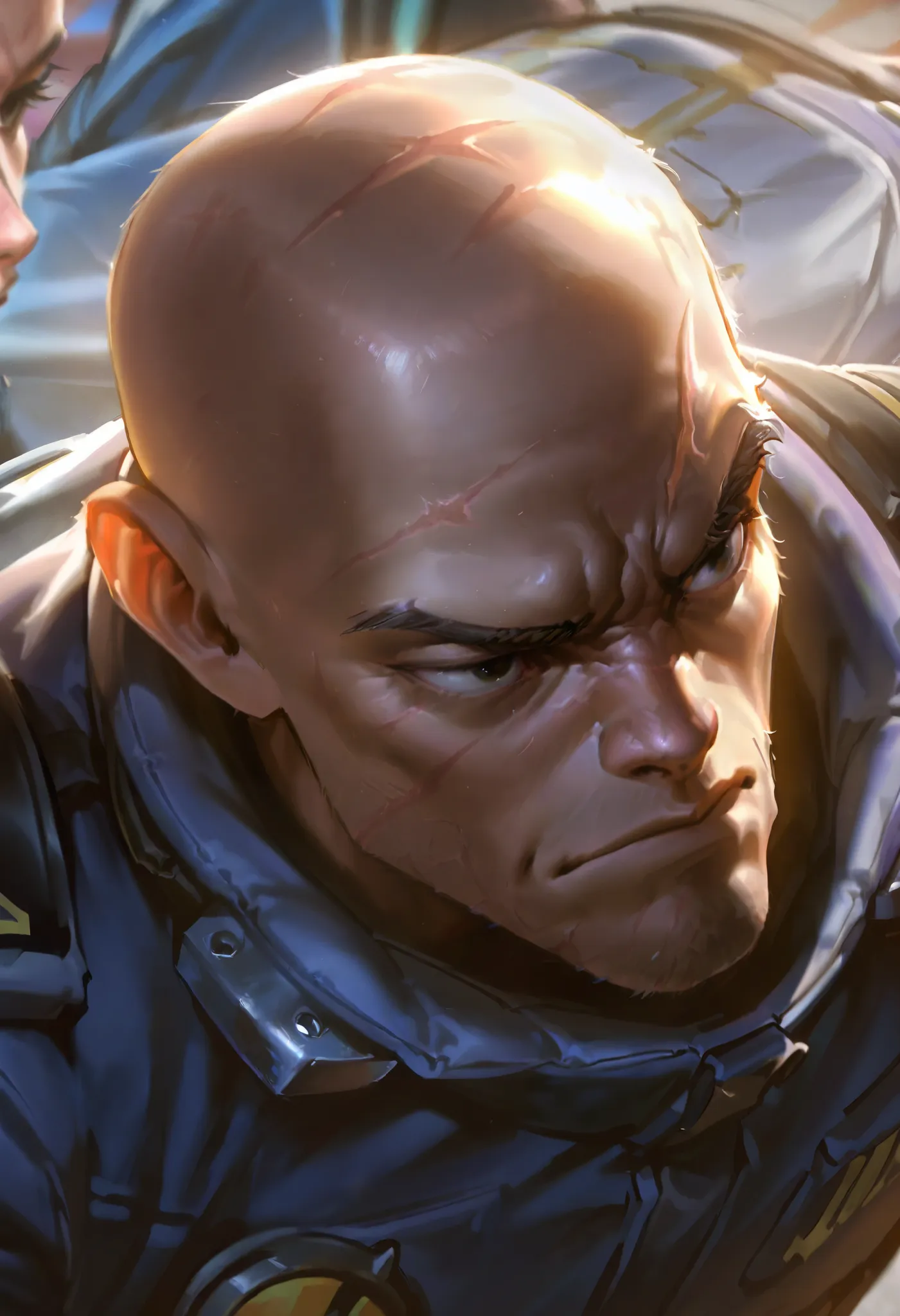 Score_9, Score_8_up, Score_7_up, Score_6_up, masterpiece, portrait, 1male, dominant posture, bald, sharp gaze, scars on the face, cruel gaze, wearing a pilot uniform, L0LSPL4SH,