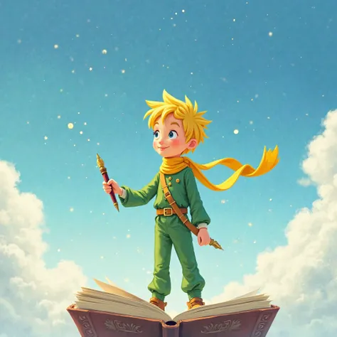 Little Prince, green clothes and pants, yellow scarf around the neck, Yellow belt around the waist, blond hair, holding the pen of fate in your hand, Happily write your own story in a gigantic book of life that floats above blue sky.