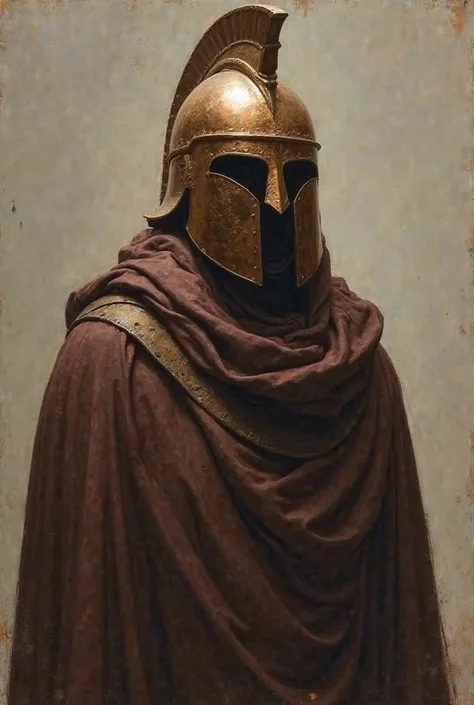 oil painting of an ancient greece copper sober Korinthian helmet with no crest. dark brown robes.